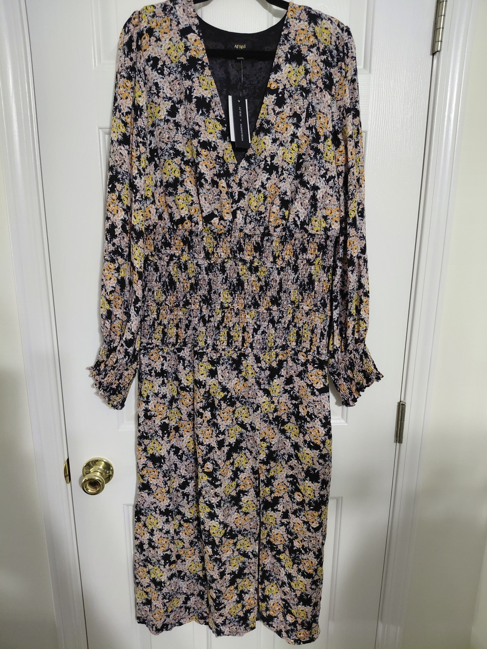 AFRM V-Neck Long Sleeve Midi Dress in Black and Yellow